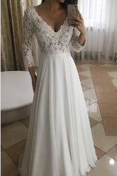 A-Line V-Neck Long Sleeves White Lace Long Wedding Dresses,MW298